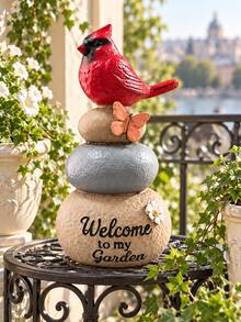 1pc Cardinal Bird Welcome Garden Statue, Charming Red Bird Perched On Stacked Stones With Butterfly Decor, Rustic Outdoor Yard, Patio, Porch, Lawn, Flower Bed And Garden Path Decoration - New - View 1