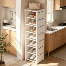 8-Tier Vertical Narrow Shoe Rack Organizer, Plastic Material, Freestanding Shoe Cabinet, With Baffles, Suitable For Entryway, Closet, Bedroom - White - View 12
