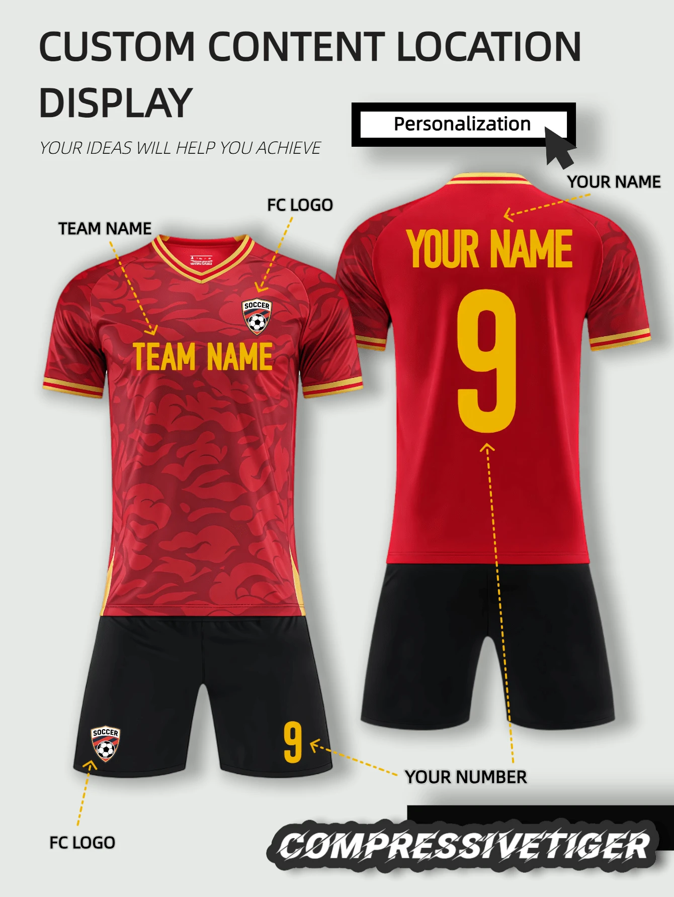 2pcs Red Football Jersey Set - Personalized Football Shirt And Shorts | Add Your Name/Number | Moisture-Wicking Sports Uniform Gift Summer - Red - View 1