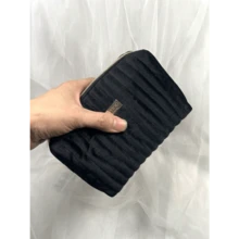 Shiseido Portable Plush Black Striped Travel Cosmetic Bag With Metal Brand Tag, Toiletry Storage Makeup Pouch, Ideal For Daily Use & Gifting - Black - View 4
