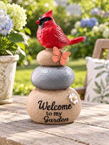 1pc Cardinal Bird Welcome Garden Statue, Charming Red Bird Perched On Stacked Stones With Butterfly Decor, Rustic Outdoor Yard, Patio, Porch, Lawn, Flower Bed And Garden Path Decoration - New - View 4