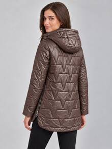 Women's Hooded Triangle Quilted Cotton Jacket With Drawstring Zip Front Stand Collar Padded Coat - Coffee Brown - View 5