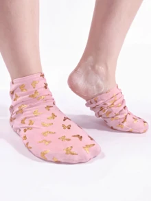 Pink Moisturizing Socks For Dry Cracked Feet, Reusable Foot Spa Covers, Softening Heel Repair Care Routine, Foot Mask Tools, Foot Care, Spa Socks, Golden Butterfly Pattern, Y2k - Golden Butterfly - View 2
