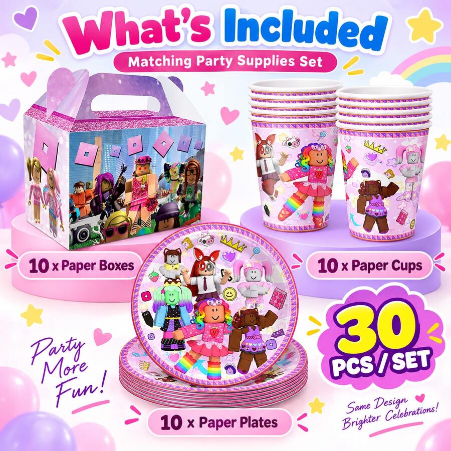 Roblox 30pcs Party Supplies Set, 10pcs 7-Inch Disposable Paper Plates, 10pcs Paper Cups, 10pcs Party Gift Boxes, Colorful Mixed Pattern, Durable, Suitable For Birthday, Baby Shower, Wedding, Christmas, Family Celebration, Party Gifts, Room Decor, Home Decor - C - View 1