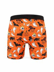 1pc Men's Boxer Briefs, Soft And Skin-Friendly, Bright Orange Halloween Theme, Ghost, Black Cat, Pumpkin And Skull Pattern, Playful And Quirky Style - Multicolor - View 3