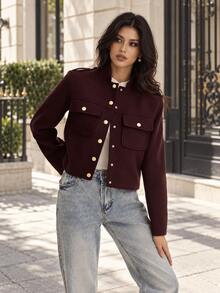 TRAFZA Women's Wool-Feel Fabric Metal Button Jacket, Casual Elegant Solid Color Top Fall - Burgundy - View 5