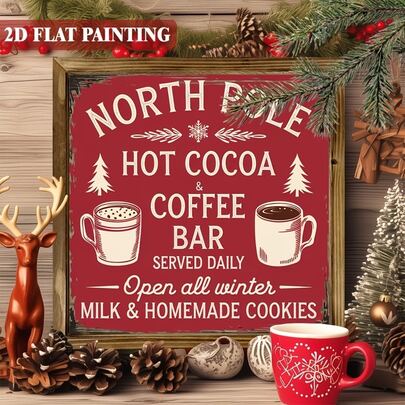 2D Flat, 1pc Christmas Wooden Decorative Plaque, Wreath Ornament, Perfect Holiday Gift, Home Decor, Vintage North Pole Hot Cocoa & Coffee Bar Sign, Rustic Farmhouse Kitchen Decor, Red & Brown Winter Design, Suitable For Christmas, Coffee Station, Hot Chocolate Bar, Perfect Holiday Gift, Decorative Plaque & Ornament