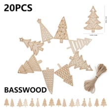 20/40pcs Mixed Basswood Wooden Christmas Tree Pendant Decorations, Wooden With 10m Jute Rope, Smooth Surface, Suitable For Home Decor, Crafts, Hanging During Holidays - A - View 8