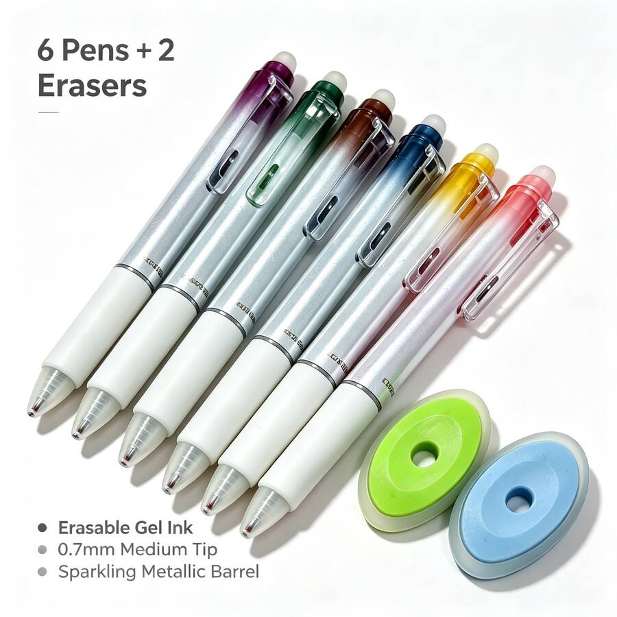 6支+2個橡皮擦 可擦拭 0.7mm 中字亮粉凝膠筆,可伸縮塑膠美學筆,適用於日記記錄、居家與辦公使用、學校、教室用品、學生文具、藝術家與用品、返校禮物,適合著色、繪畫、日記標記、婚禮、聖誕節、母親節、返校、居家、學生、萬聖節、返校 - 中性筆 - 查看 1