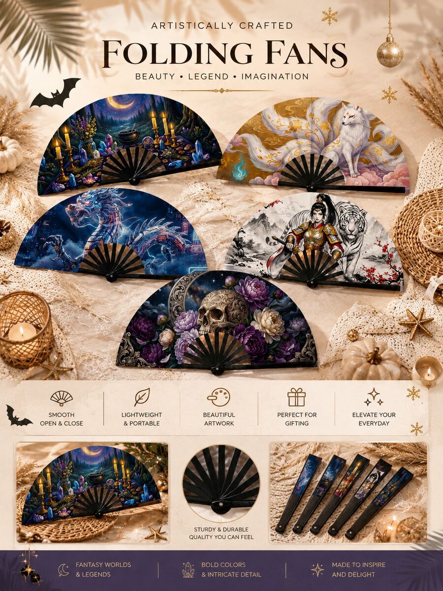 مروحة يدوية قابلة للطي بطباعة خيالية، جمجمة قوطية، ثعلب ذو تسعة ذيول، محارب شرقي، تصميم سايبربانك وسحر غامض، مروحة محمولة مناسبة لحفلة هالوين، تجمع عيد الميلاد، الكوسبلاي، عروض المهرجانات، إكسسوارات الصور والاستخدام الخارجي الصيفي - طباعة مخصصة - مشاهدة 1