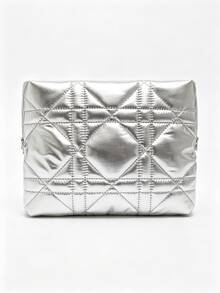 Dior Silver Quilted Diamond Pattern Makeup Bag, Metallic Glossy Finish, CD Logo Zipper Storage Pouch, Large Capacity Portable Skincare Clutch, Luxury Gift - Silver - View 6