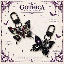 5/2/1PC Halloween Gothic Butterfly Keychain, Skull Moon Sun Printed Butterfly Pendant Key Ring, Punk Dark Style Bag Charm For Backpack Purse Keys - Black - View 7