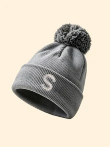 1pc Women's Pom‑Pom Decor Cuff Ribbed Knit Beanie Hat, A-Z Letter Applique Detail, Soft Warm Fall‑Winter Headwear, Fashion Fall Outfit Essential - Grey - View 24