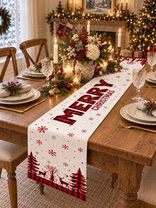 1pc Christmas Table Runner, Red & Black Plaid, Snowflake, Reindeer, Merry Christmas Tree Print, American Country Christmas Table Decor, Suitable For Holiday Dinner Party, Kitchen Dining Table - Multicolor - View 7