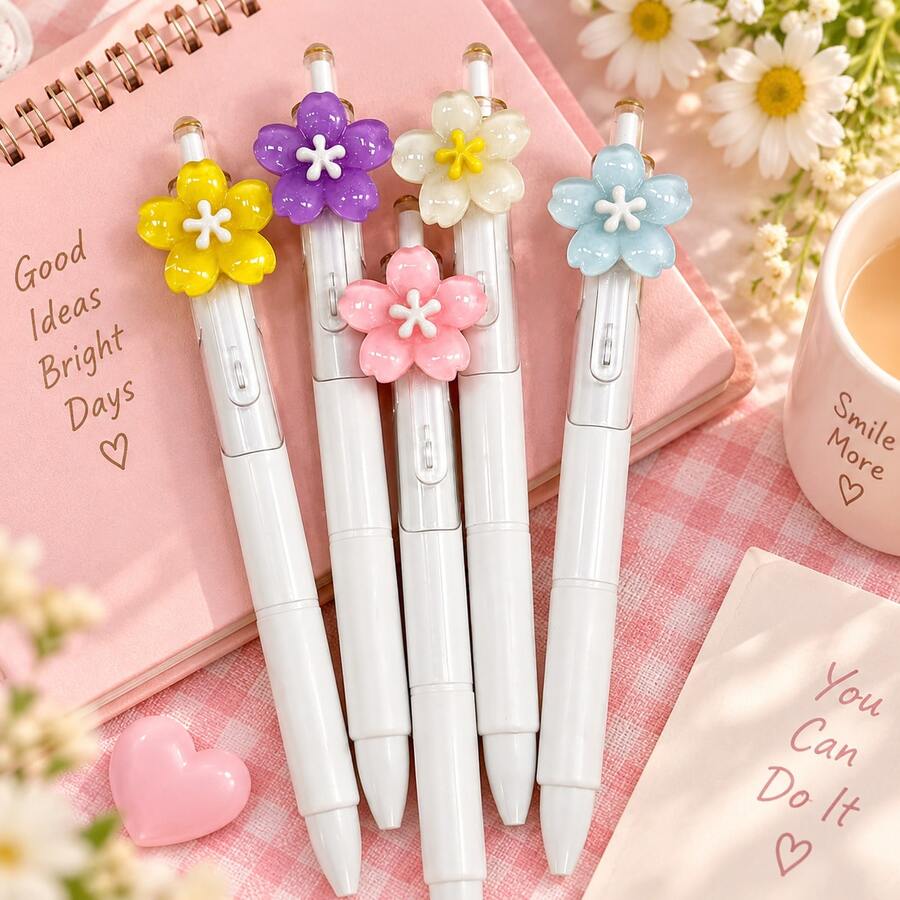 5pcs Cute Flower 0.5mm Ballpoint Pens, School And Office Supplies, Student Gift Random Flower Color Back To School Gift