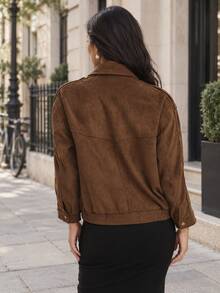 TRAFZA Women's Regular Faux Suede Zip-Up Loose Casual Jacket, Spring Brown - Brown - View 5