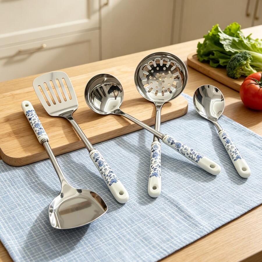 1/6pcs Blue Floral Print Ceramic Handle Stainless Steel Kitchen Utensil Set - Includes Spatula, Soup Ladle, Strainer, Rice Scoop, Noodle Spoon And Turner - Easy To Clean, Easy To Store, Kitchen Tools And Gadgets Set