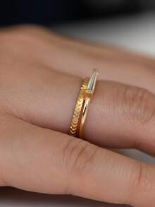 1pc 18K Gold Plated Single Rectangular Zirconia Bezel Set Ring, Minimalist Stackable Ring, Gift For Women And Girls For Daily Wear, Party And Holiday - Yellow Gold - View 7