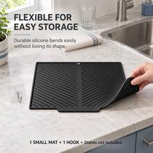 1 Set Small Silicone Draining Mat With Adhesive Hook, 37 X 26 Cm, Flexible Kitchen Countertop Draining Tray With Drain Hole, Compact Kitchen Hanging Storage, Black Or Gray, 1 Mat + 1 Hook Set - Multicolor - View 5