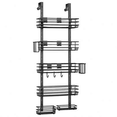 Over The Door Shower Caddy, 5-Tier Adjustable Hanging Shower Organizer With 2 Toothbrush Holders And 4 Hooks, Rust Resistant Stainless Steel Bathroom Storage Rack, No Drill Space Saving Shelf, Black