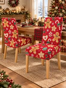 Christmas Dining Chair Set Red Gingerbread Man Candy Cane Cookie Snowflake Print Chair Covers Restaurant Kitchen Christmas Party Home Decor - Red - View 2