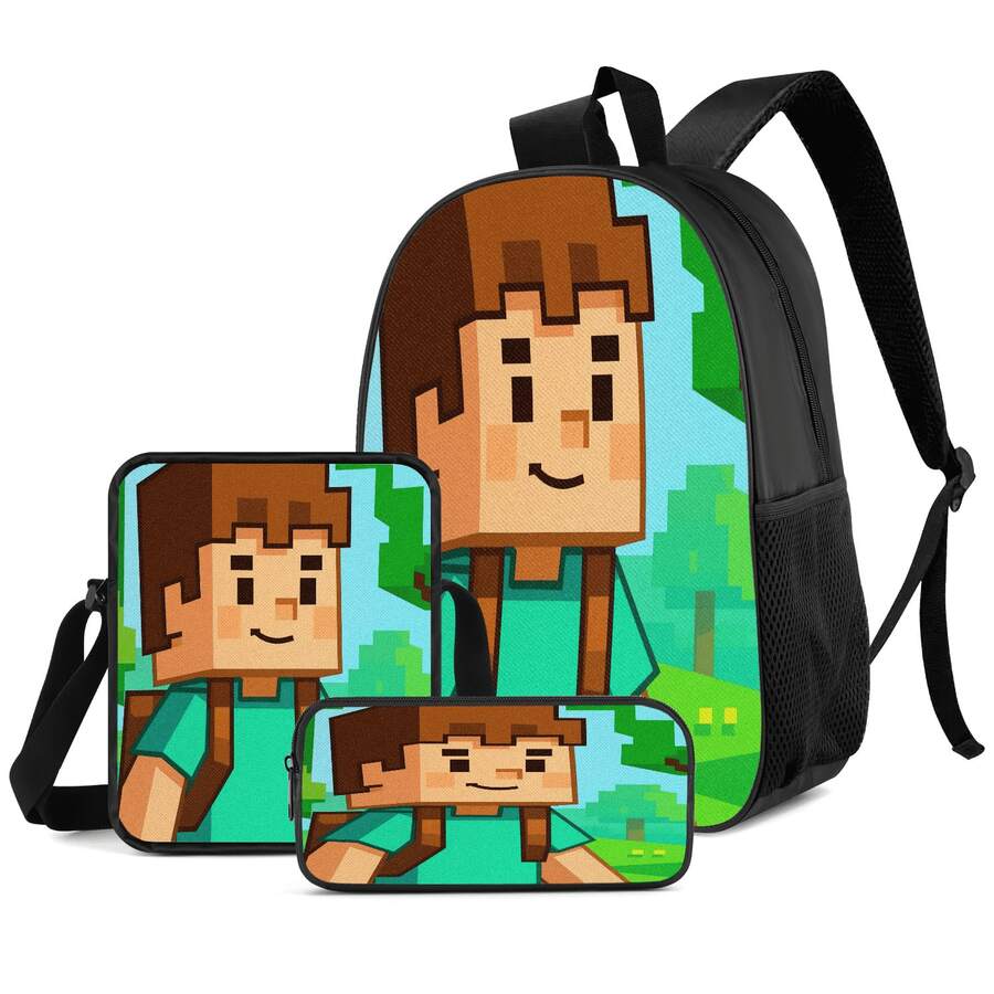 Pixel Block Style 2D Print 3-Piece Backpack Set, Large Capacity Backpack With Crossbody Bag And Pencil Case, Side Elastic Mesh Pocket For Water Bottle, Wide Breathable Adjustable Shoulder Straps, Durable Waterproof Fabric, Retro Game Style Fresh Natural Daily Commute Travel Casual Storage Bag - Printed Bag - View 1