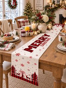 1pc Christmas Table Runner, Red & Black Plaid, Snowflake, Reindeer, Merry Christmas Tree Print, American Country Christmas Table Decor, Suitable For Holiday Dinner Party, Kitchen Dining Table - Multicolor - View 9