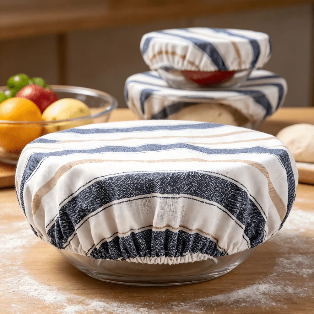 Three Striped Cotton And Linen Elastic Bowl LIDS, Food Covers, Fermentation Covers, Reusable Washable And Stretchable Food Bowl LIDS For Bread Dough Fermentation, Dust-Proof Kitchen Storage LIDS - Multicolor - View 1