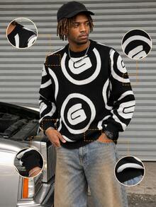 BLACKTOEXIT Men's Crew Neck Long Sleeve Chunky Knit Loose Drop Shoulder American Streetwear Jacquard Pullover Sweater Autumn Winter - Black - View 2