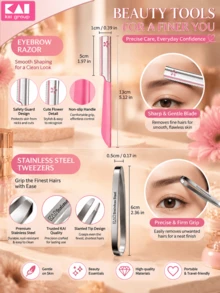 Women Brow Grooming Combo Set, 2‑Count KAI Japanese Tweezers Plus 5Pcs KAI Beauty Guard Eyebrow Razors, Stainless Steel Brow Shaping & Hair Removal Kit - Baby Pink - View 2