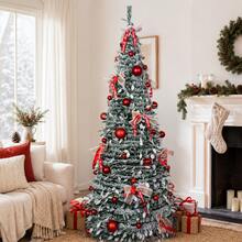 6FT/7FT Foldable Pop-Up Christmas Tree, Flocked Green Xmas Tree With Red Ornaments & Ribbon Bows, Quick Assembly Collapsible Holiday Tree With Stand For Living Room, Office, Store, Christmas Party & Winter Decor - Multicolor - View 5