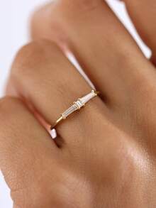 1pc 18K Gold Plated Luxury White Gemstone Ring, Horizontal Rectangular Bar Geometric Ring, Exquisite Holiday Party Gift For Women - Yellow Gold - View 6