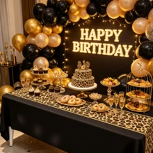 1pc Black & Gold Leopard Print Patchwork Disposable PE Tablecloth 130*220cm Rectangular Table Cloth Wild Style Birthday Party Dining Table Decor - Leopard Print - View 6