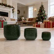 Handmade 3-Piece Ceramic Planter Set (Ø 23/17/12 Cm), Glossy Dark Green With Dotted Relief, Breathable, Frost-Resistant, With Drainage Holes For Garden & Balcony - B - View 4
