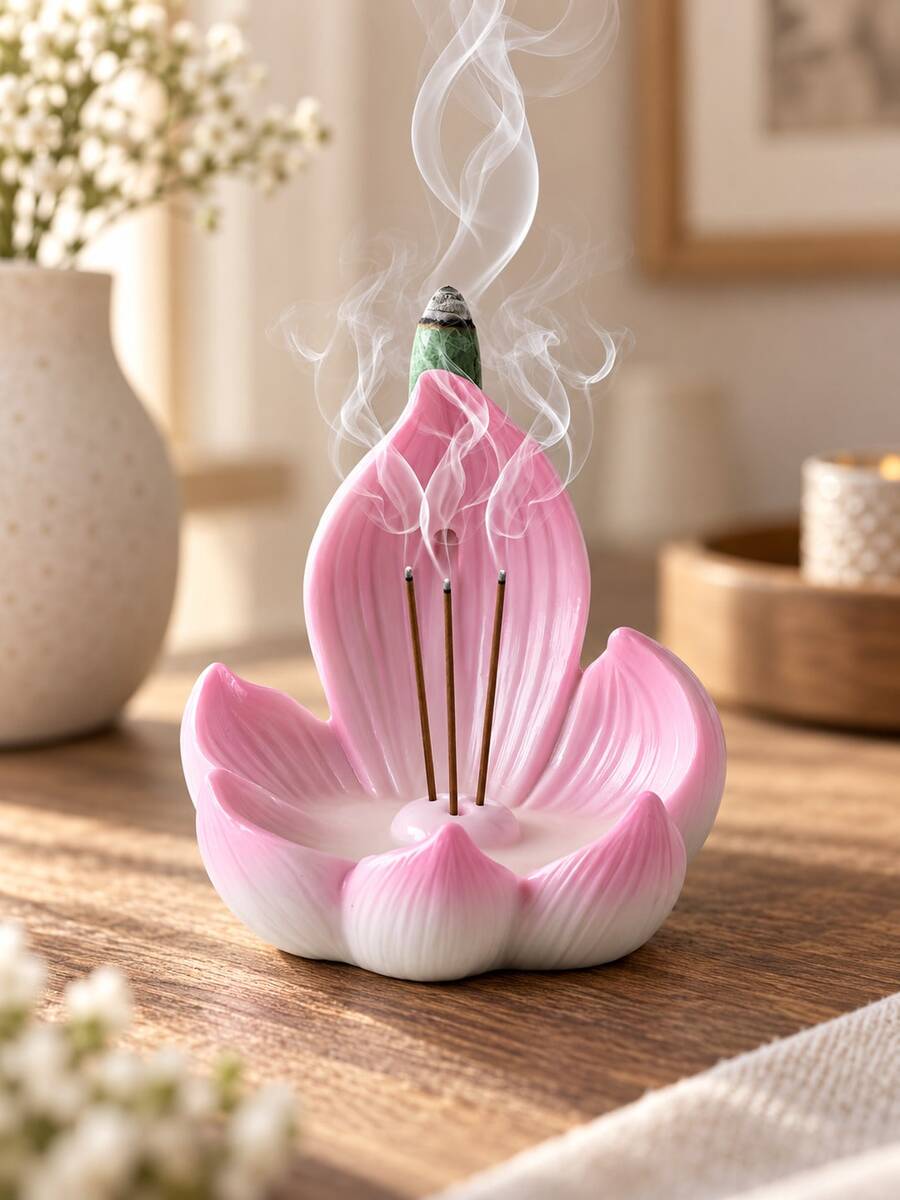 1件裝粉色樹脂蓮花香爐,花朵造型香座,居家裝飾、冥想與瑜伽適用 - 彩色 - 查看 1