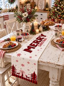 1pc Christmas Table Runner, Red & Black Plaid, Snowflake, Reindeer, Merry Christmas Tree Print, American Country Christmas Table Decor, Suitable For Holiday Dinner Party, Kitchen Dining Table - Multicolor - View 10