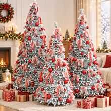 6FT/7FT Foldable Pop-Up Christmas Tree, Flocked Green Xmas Tree With Red Ornaments & Ribbon Bows, Quick Assembly Collapsible Holiday Tree With Stand For Living Room, Office, Store, Christmas Party & Winter Decor - Multicolor - View 1