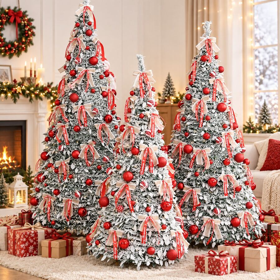 6FT/7FT Foldable Pop-Up Christmas Tree, Flocked Green Xmas Tree With Red Ornaments & Ribbon Bows, Quick Assembly Collapsible Holiday Tree With Stand For Living Room, Office, Store, Christmas Party & Winter Decor - Multicolor - View 1