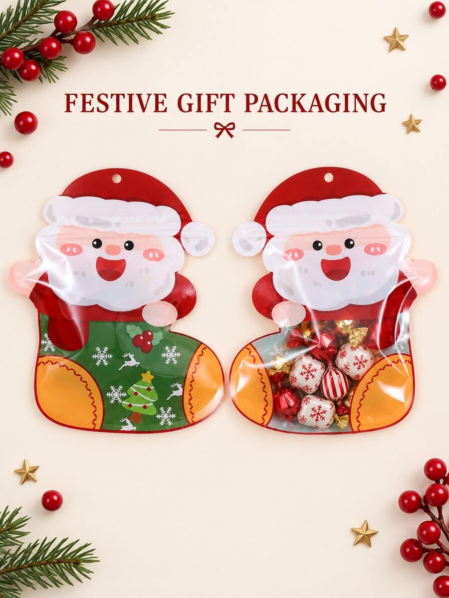 10pcs Reusable Christmas Santa Socks Design Gift Packaging Bags, Transparent Window Zipper Snack Bags, Holiday Party Favors, Suitable For Snacks, Candy And Goodies Storage - Multicolor - View 1