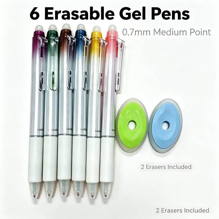 6 pièces + 2 gommes effaçables, stylos gel pailletés de 0,7 mm de taille moyenne, stylos en plastique rétractables esthétiques, convenant pour la journalisation, l'utilisation à la maison et au bureau, l'école, les fournitures de classe, la papeterie pour étudiants, les artistes et les fournitures, les cadeaux de rentrée scolaire, convenant pour le coloriage, la peinture, le marquage de journal, le mariage, Noël, la fête des mères, la rentrée scolaire, la maison, les étudiants, Halloween, la rentrée scolaire - Stylo gel - Voir 1