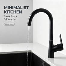 Keran Dapur Minimalis Modern Hitam & Emas/Hitam Murni dengan Satu Pegangan - Leher Lengkung Tinggi Elegan, Air Lunak Berudara, Pemasangan di Atas Meja dengan Garis Minimalis, Cocok untuk Wastafel Cuci/Bar/RV - Hitam - View 1