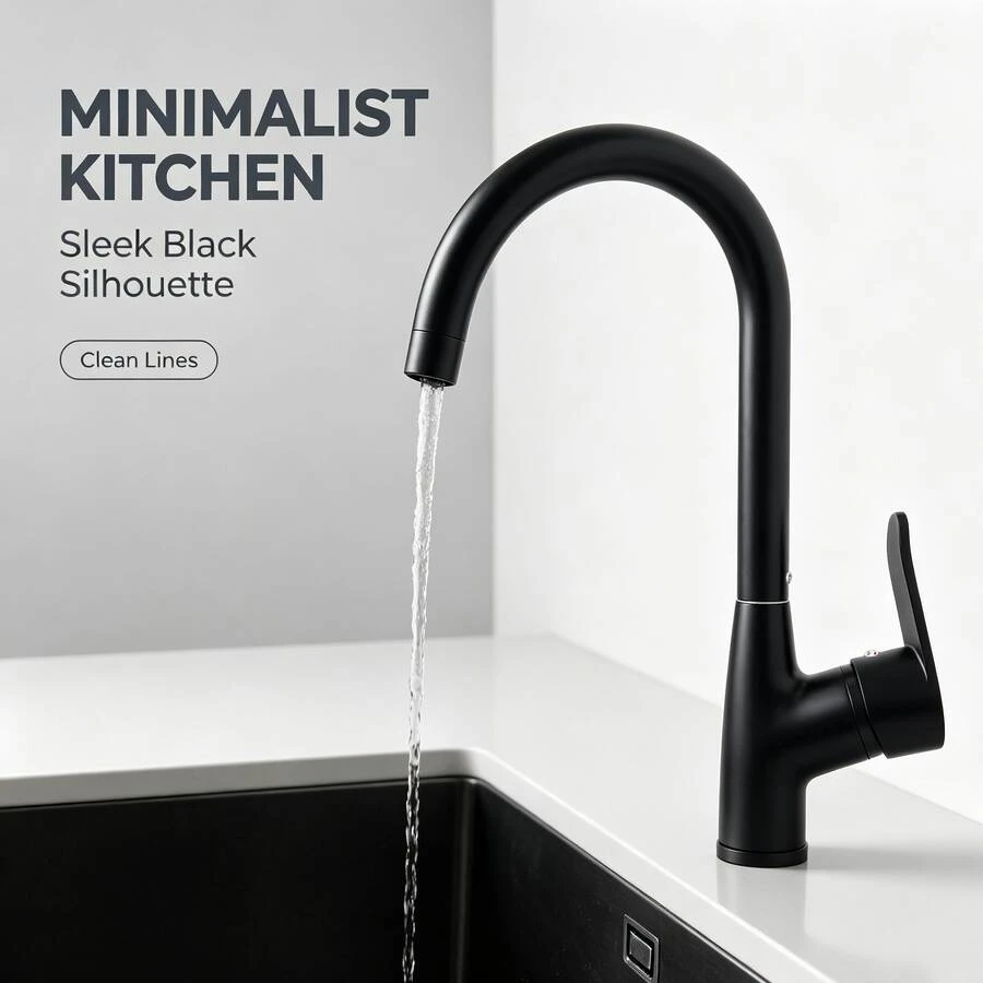 Keran Dapur Minimalis Modern Hitam & Emas/Hitam Murni dengan Satu Pegangan - Leher Lengkung Tinggi Elegan, Air Lunak Berudara, Pemasangan di Atas Meja dengan Garis Minimalis, Cocok untuk Wastafel Cuci/Bar/RV - Hitam - View 1