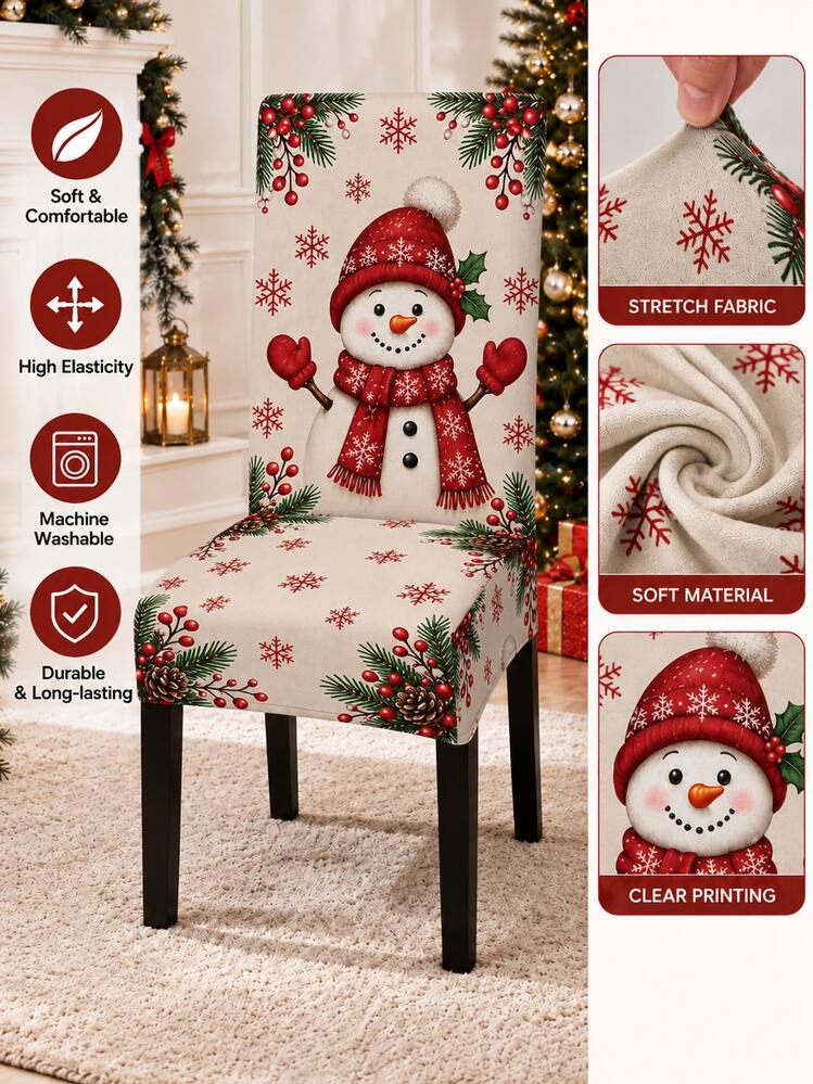 4/6pcs Christmas Chair Covers, Snowman Snowflake Pinecone Berry Print Stretchable Chair Covers, Suitable For Holiday Dining Room Kitchen Christmas Party Home Decor - E - View 3