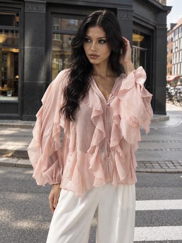 Damen Langarm Chiffon Bluse, Knopf Rüschen Saum elegante einfarbige Langarm Formelle Bluse Sommer Urlaub Lässige Lose Bluse, Boho Stil Lose Mode Bluse Pink Frühling