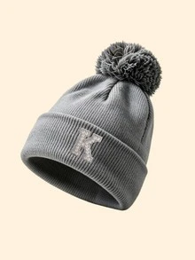 1pc Women's Pom‑Pom Decor Cuff Ribbed Knit Beanie Hat, A-Z Letter Applique Detail, Soft Warm Fall‑Winter Headwear, Fashion Fall Outfit Essential - Grey - View 8
