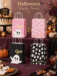 8 Pcs Pink Black Ghost Boo Print Halloween Paper Gift Bag, Reusable Tote Lunch Bag For Holiday Party Candy Present Shopping Packaging - Multicolor - View 3