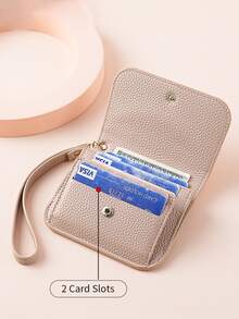 Beige Litchi Grain PU Flap Mini Wallet With Wrist Strap, Multi-Card Slot Card Holder & Coin Purse, Women's Daily Casual Travel Small Storage Bag Accessory - Multicolor - View 4