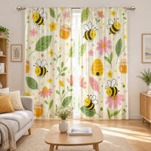 2pcs Cute Cartoon Bee & Floral Pattern Semi-Sheer Bedroom Curtains, 90GSM Polyester Semi-Transparent Privacy Protection, Cute Style Living Room Curtains, Kitchen Curtains, Suitable For Home, Room, Kitchen Dividers Or Decoration, Rod Pocket Design Easy Installation, Quick Dry, Water-Resistant, Fade-Resistant, Lightweight Removable Washable Curtains - Multicolor - View 9