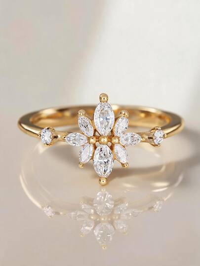 1pc 18K Gold Plated Marquise Cut Cubic Zirconia Flower Ring, Exquisite Claw Set Statement Ring, Suitable For Women And Girls Daily Wear And Holiday Gift