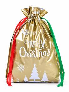 1pc Christmas Drawstring Gift Bag, Small/Medium/Large Assorted, Colorful Drawstring, Shiny Aluminum Foil Reusable Material, With Label, Suitable For Christmas Holiday Gift Packaging And Christmas Decoration - Multicolor - View 11